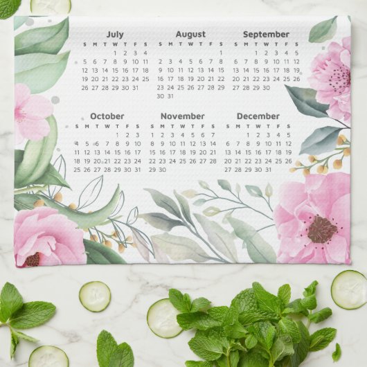 2026 Kalender Aquarell Eukalyptus Rosa Geschirrtuch (Gefaltet)