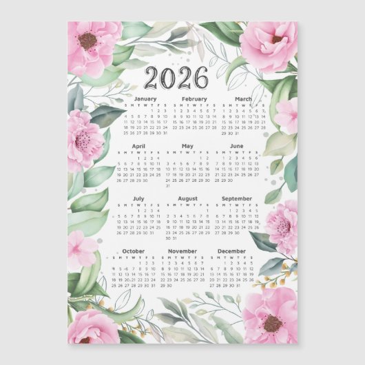 2026 Kalender Aquarell Eukalyptus Rosa Magnetkarte (Vorderseite)