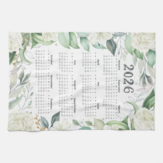 2026 Kalender Aquarell Eukalyptus Weiße Blüte Geschirrtuch (Horizontal)