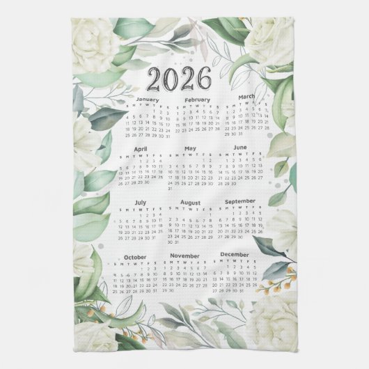 2026 Kalender Aquarell Eukalyptus Weiße Blüte Geschirrtuch (Vertikal)