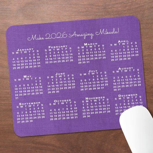 2026 Kalender Benutzerdefinierter Name Lila Leinen Mousepad
