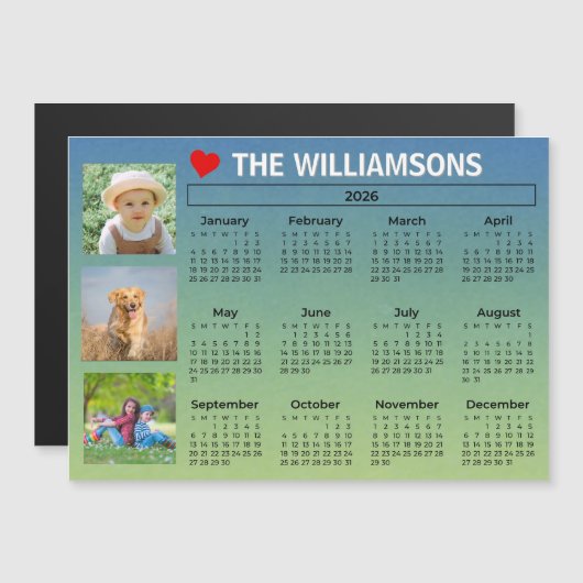 2026 Kalender Blau Grüne Foto Collage Magnet (Vorne/Hinten)