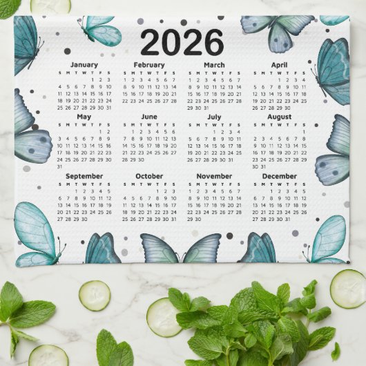 2026 Kalender Blaue grüne Schmetterlinge Muster Geschirrtuch (Gefaltet)