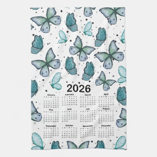 2026 Kalender Blaue grüne Schmetterlinge Muster Geschirrtuch (Vertikal)