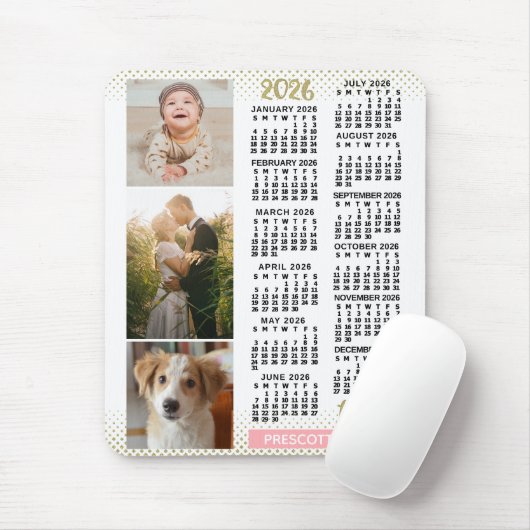 2026 Kalender Blush Pink Gold Familienfoto-Collage Mousepad (Mit Mouse)