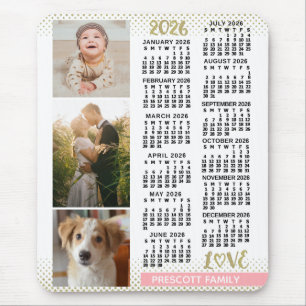 2026 Kalender Blush Pink Gold Familienfoto-Collage Mousepad