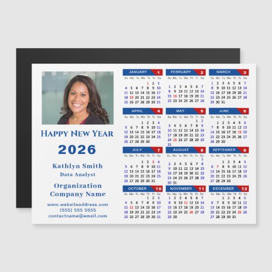 2026 Kalender Business Foto Blue Red Magnetic Magnetkarte (Vorne/Hinten)
