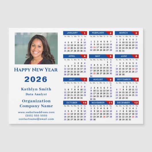 2026 Kalender Business Foto Blue Red Magnetic Magnetkarte (Vorderseite)