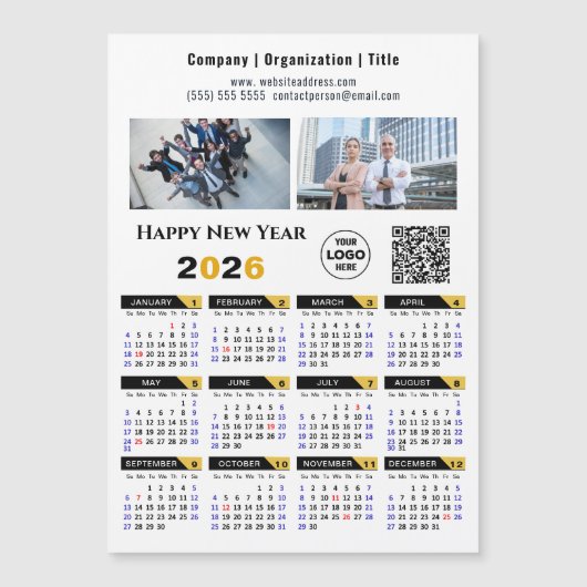2026 Kalender Business Foto Logo QR Black Magnet (Vorderseite)