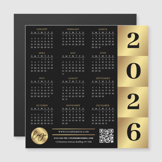 2026 Kalender Business-Logo QR-Code Schwarz & Gold Magnetkarte (Vorne/Hinten)