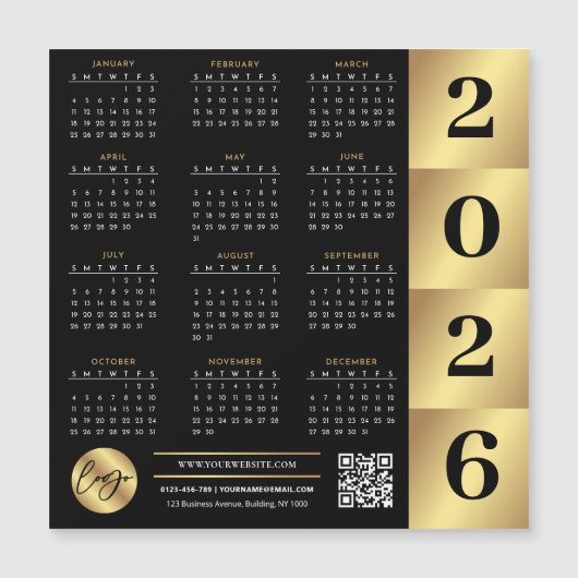 2026 Kalender Business-Logo QR-Code Schwarz & Gold Magnetkarte (Vorderseite)