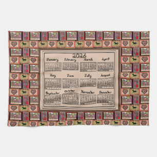 2026 Kalender Dressur Pferd Collage Stoff Schrift Geschirrtuch