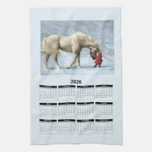 2026 Kalender eines Pferdes und Mädchens im Schnee Geschirrtuch
