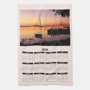 2026 Kalender eines Sonnenuntergangs am See mit Si Geschirrtuch