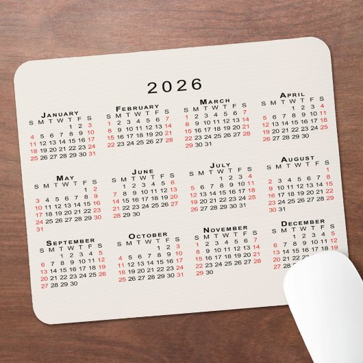2026 Kalender Einfach Beige Schwarz Rot Mousepad