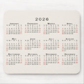 2026 Kalender Einfach Beige Schwarz Rot Mousepad (Vorne)