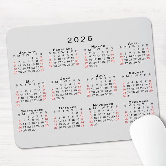 2026 Kalender Einfach Grau Schwarz Rot Mousepad