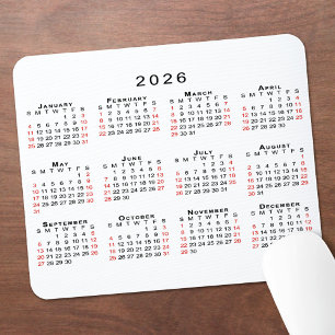 2026 Kalender Einfach Weiß Schwarz Rot Mousepad