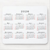 2026 Kalender Einfach Weiß Schwarz Rot Mousepad (Vorne)
