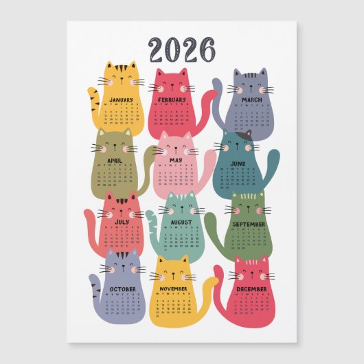 2026 Kalender Farbige Katzen Magnetkarte (Vorderseite)