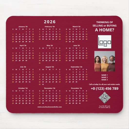 2026 Kalender Firmenlogo QR-Code Burgunder Foto Mousepad (Vorne)