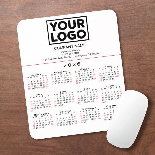 2026 Kalender - Firmenlogo und Text auf Weiß Mousepad