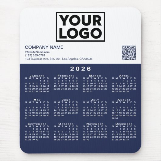 2026 Kalender Geschäft Logo QR Code Navy Weiß Mousepad (Vorne)