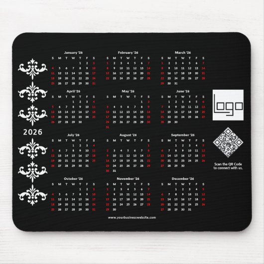 2026 Kalender Geschäft Logo QR Code Schwarz Barock Mousepad (Vorne)
