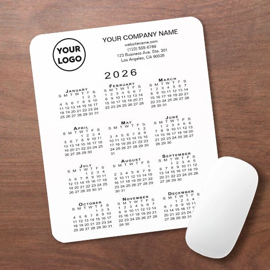 2026 Kalender Geschäft Logo und Text auf Weiß Mousepad