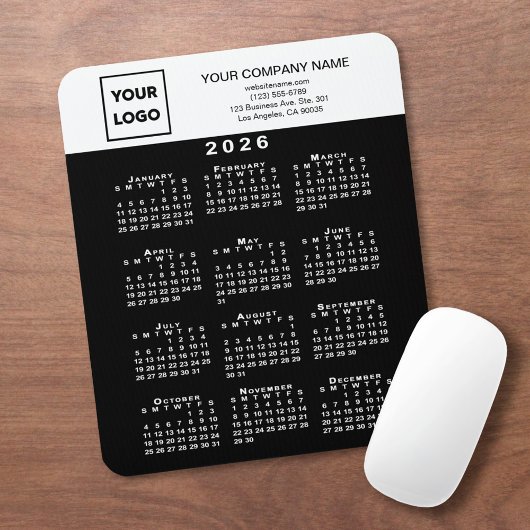 2026 Kalender Geschäft Logo und Text Schwarz Weiß Mousepad