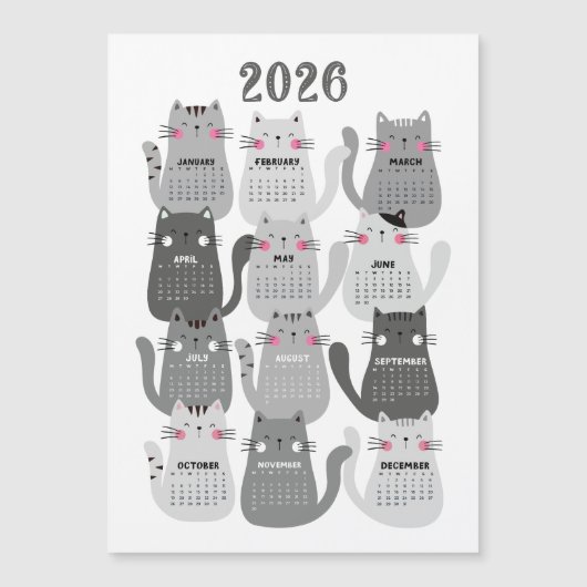 2026 Kalender Graue Katzen Magnetkarte (Vorderseite)