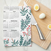 2026 Kalender Grüne Blätter und rotes Blumenmuster Geschirrtuch (Viertel Falte)