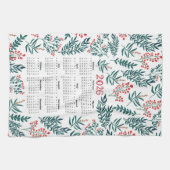 2026 Kalender Grüne Blätter und rotes Blumenmuster Geschirrtuch (Horizontal)