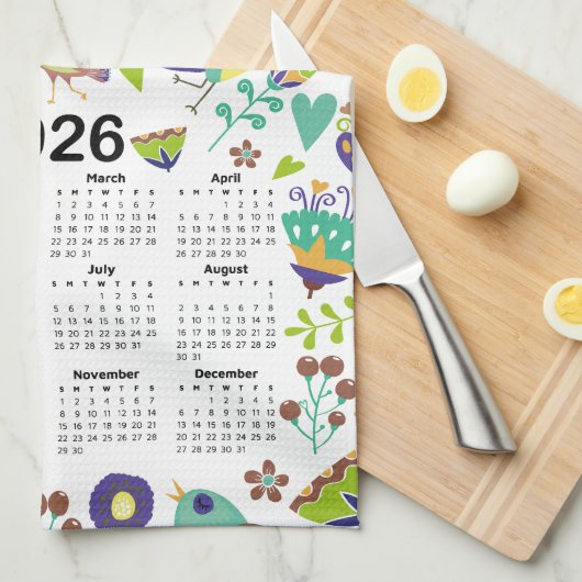 2026 Kalender Grüne und Blaue Vögel und Blume Geschirrtuch (Viertel Falte)