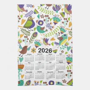 2026 Kalender Grüne und Blaue Vögel und Blume Geschirrtuch