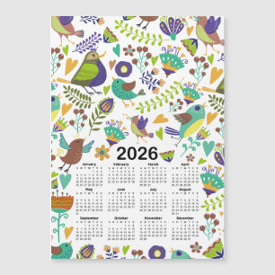 2026 Kalender Grüne und Blaue Vögel und Blume Magnetkarte