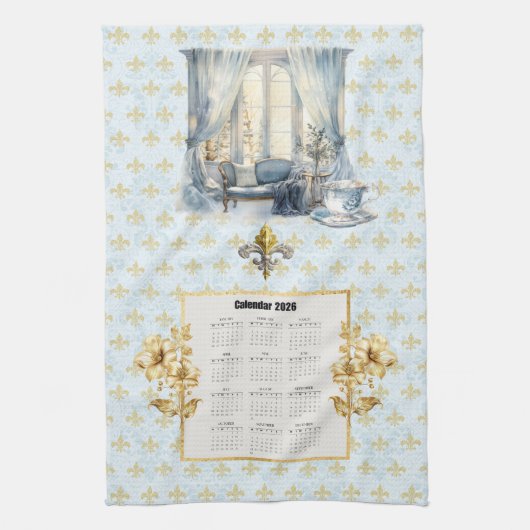 2026 Kalender Handtuch Blau Fleur de Lis Pariser  (Vertikal)