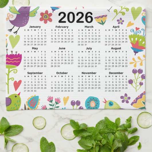 2026 Kalender - mehrfarbige Vögel und Blume Geschirrtuch (Gefaltet)