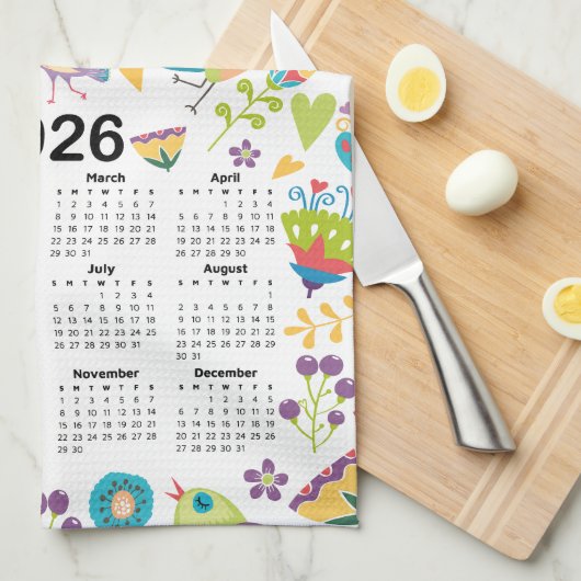 2026 Kalender - mehrfarbige Vögel und Blume Geschirrtuch (Viertel Falte)