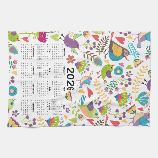 2026 Kalender - mehrfarbige Vögel und Blume Geschirrtuch (Horizontal)