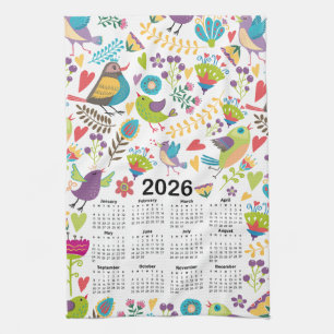 2026 Kalender - mehrfarbige Vögel und Blume Geschirrtuch