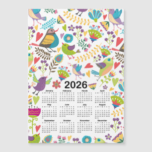 2026 Kalender - mehrfarbige Vögel und Blume Magnetkarte