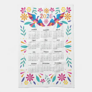 2026 Kalender mexikanische Fliegenvögel & Blume Geschirrtuch