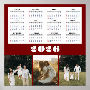2026 Kalender mit Burgunder Hintergrund Poster