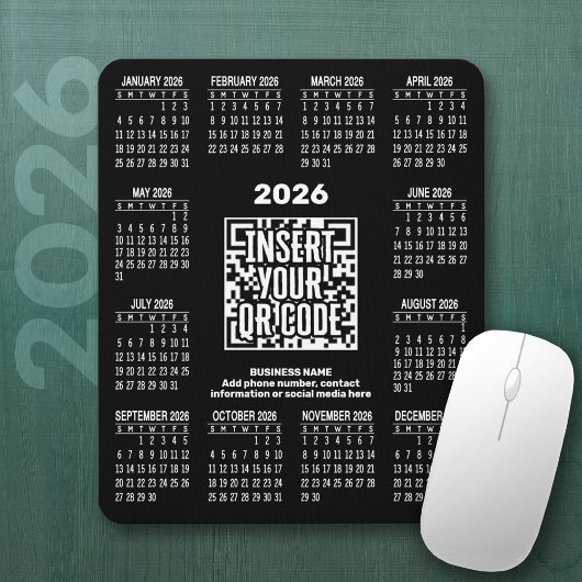 2026 Kalender mit QR-Code-Kontaktinfo Schwarz Mousepad