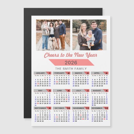 2026 Kalender Modern Pink Family 2 Foto Magnetic Magnetkarte (Vorne/Hinten)