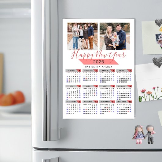 2026 Kalender Modern Pink Family 2 Foto Magnetic Magnetkarte