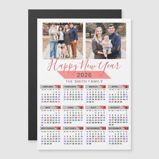 2026 Kalender Modern Pink Family 2 Foto Magnetic Magnetkarte (Vorne/Hinten)