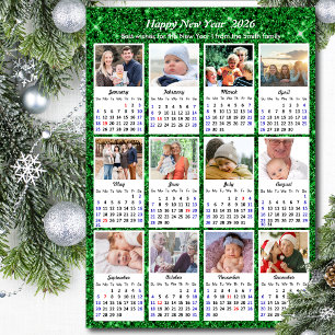 2026 Kalender Moderne Familie 12 Foto Grüner Glitz Feiertagskarte