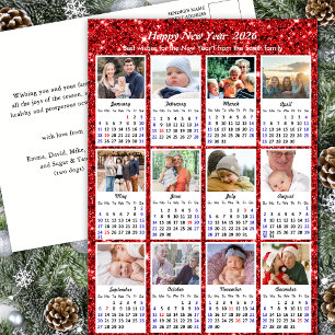 2026 Kalender Moderne Familie 12 Foto Roter Glitze Feiertagspostkarte